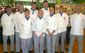 The RAF Buffet Team at the Combined Services Culinary Challenge, 8 - 10 October 2002 at Sandown Park. Front row, L to R, Cpl Rose McLaughlin, Cpl Lisa Hall and Maxine Booth. Back Row, L to R, Cpl Graham Cuthbertson, SAC Dave Sandilands, Cpl Stu Harmer, Cpl Richie Holmes, Cpl Lisa Pyott and the Team Mentor, Michael McIver