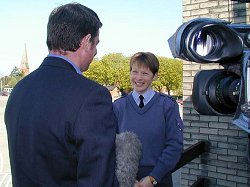 Sqn Ldr Clair Taylor-Powell of the RAF's Central Flying School faces the cameras to describe her role in the Queen Mother's funeral