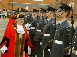Margaret Ogden Mayor of Tewkesbury Borough chats with members of the Queen's Colour Squadron
