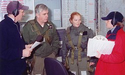 Graham Daniels 
(left) interviews Sqn Ldr Dave Frost and Miss Helen Meats